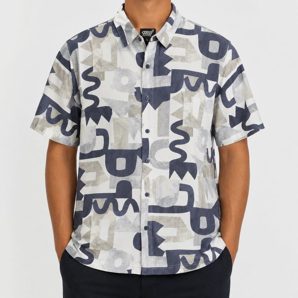 Fresh Prints Of Bel Air by Drill Shirt Mens Large Blue White Geometric Stretch